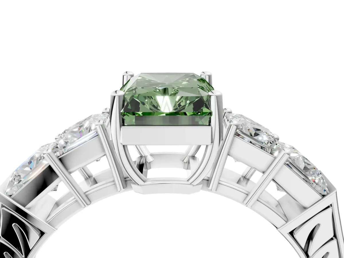Fancy Green Radiant Cut Solitaire Princess Side Stone Engraved Band Prong Setting Ring Silver