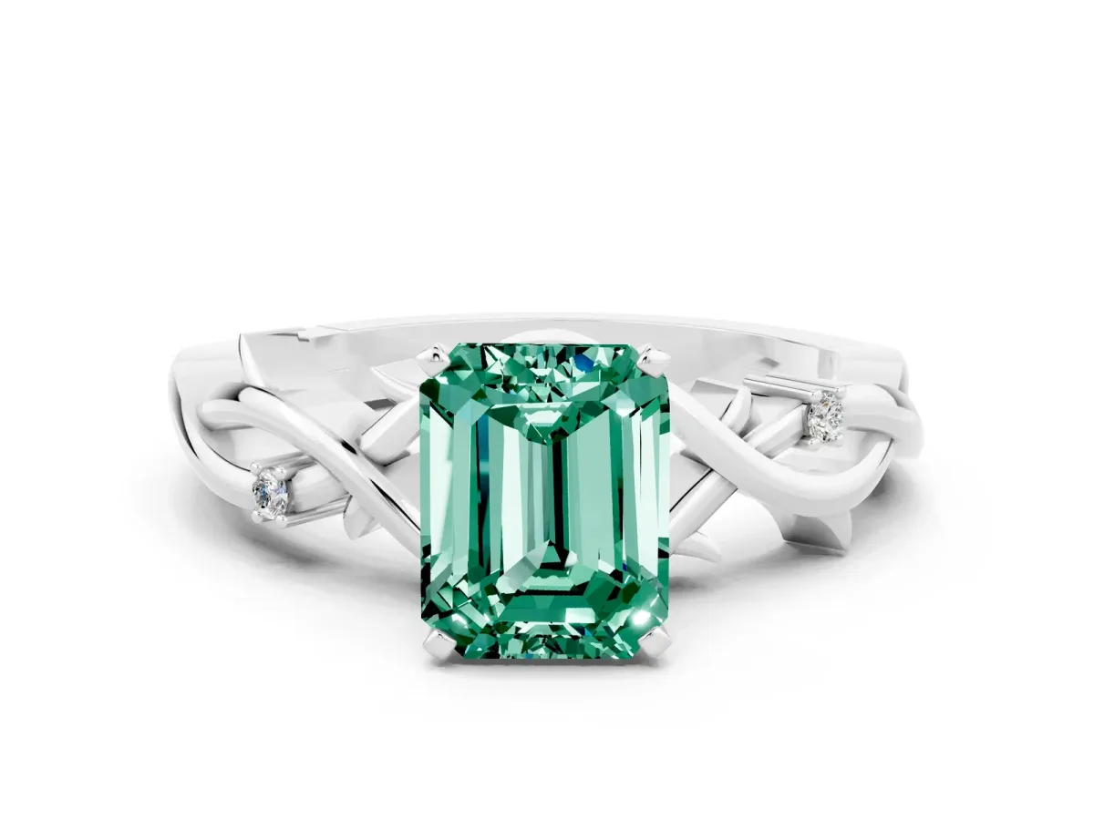 Emerald Cut Green Sapphire Solitaire Ring with Twisted Band and Prong Setting Platinum