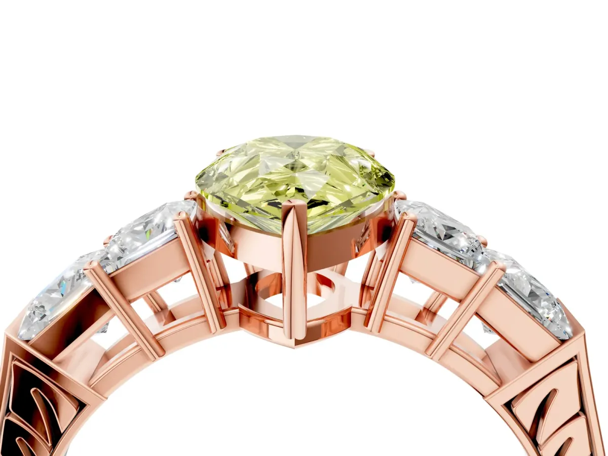 Fancy Yellow Pear Cut Solitaire Princess Side Stone Engraved Band Prong Setting Ring Rose gold