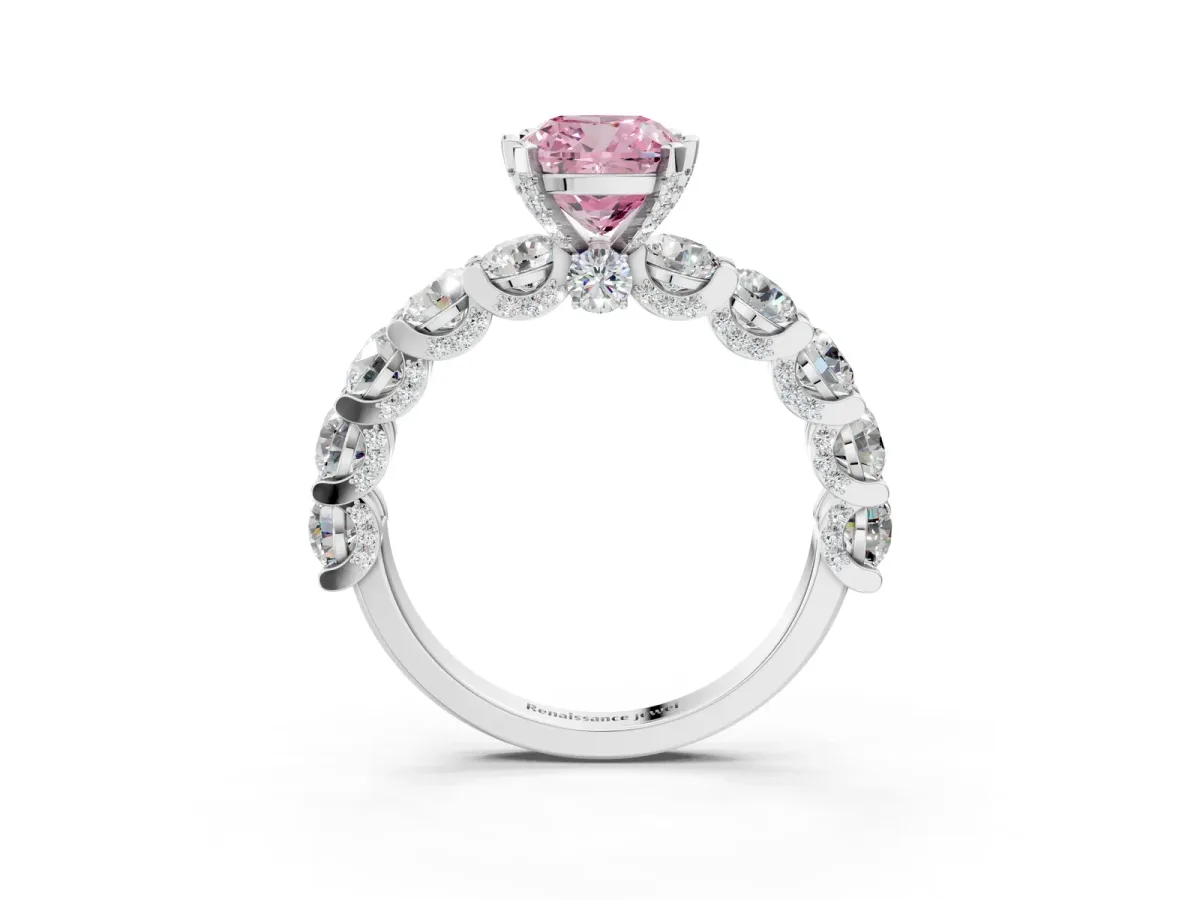 Fancy Pink Cushion Cut Diamond Side Stone Engagement Ring with Four-Prong Setting Silver