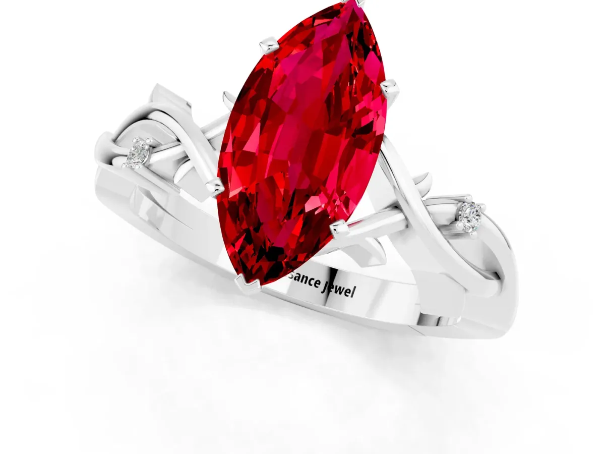 Marquise Cut Ruby Solitaire Ring with Milgrain Pavé Band and Four-Prong Setting White gold