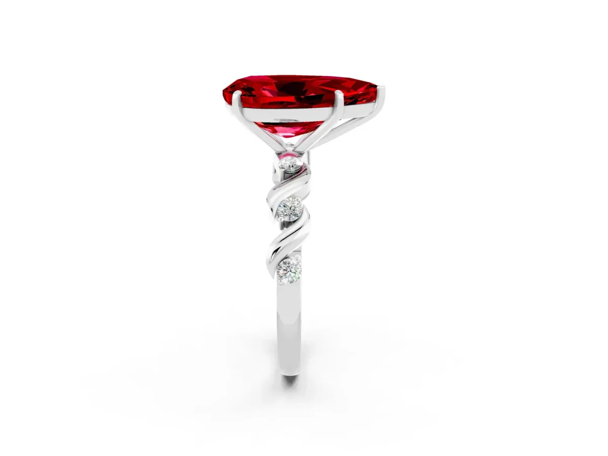 Pear Cut Ruby Solitaire Twisted Band with Round Accents and Prong Setting White gold
