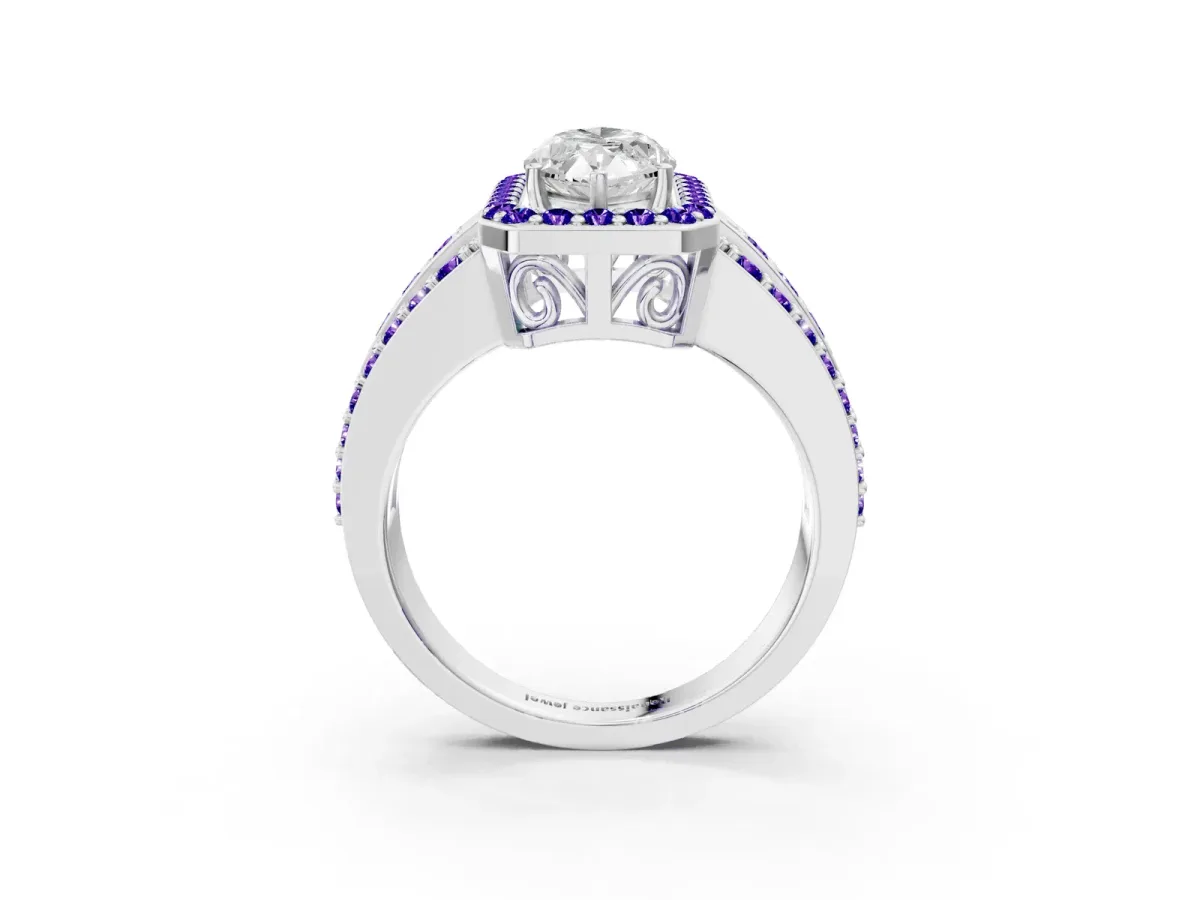 Marquise Cut Halo Diamond Ring with Round Tanzanite Split Shank and Prong Setting Silver