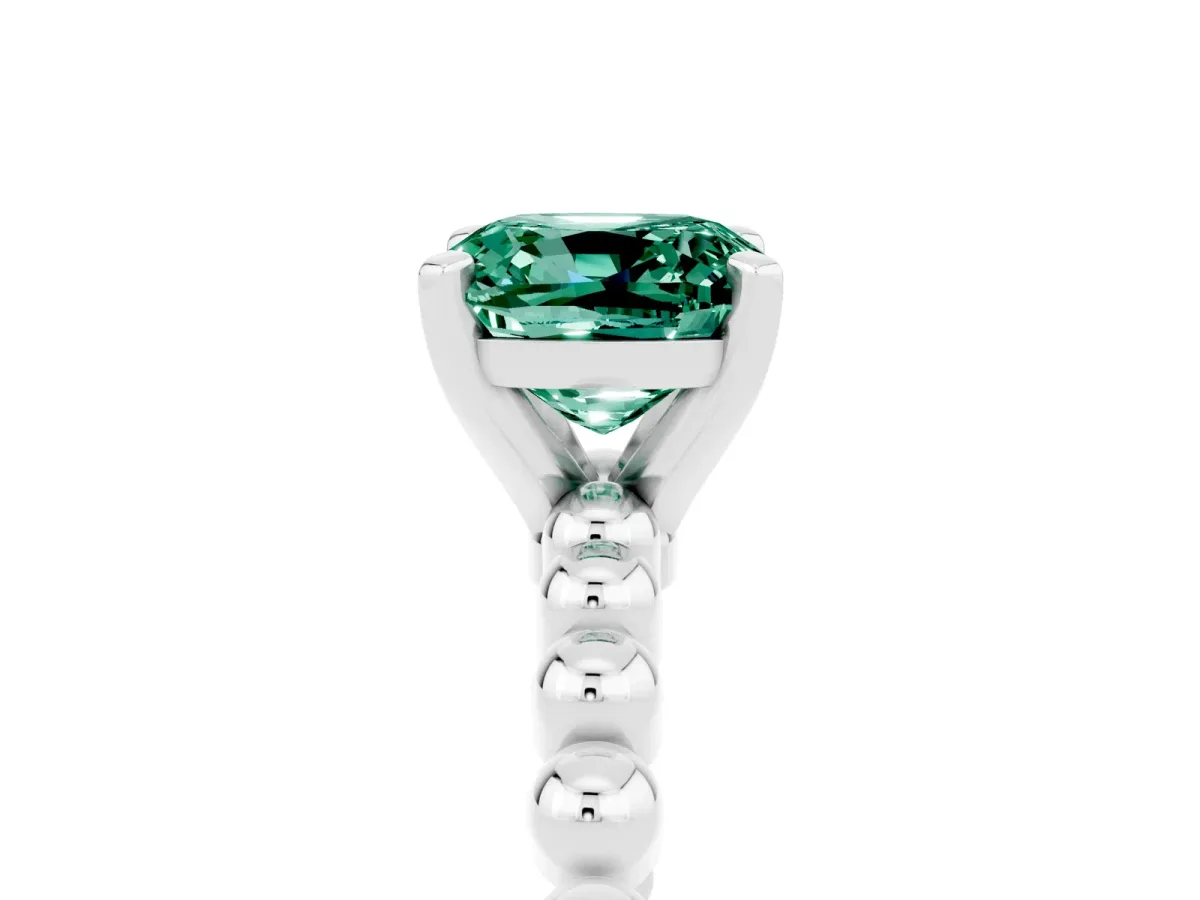 Cushion Cut Green Sapphire Solitaire Ring with Beaded Band and Prong Setting Silver