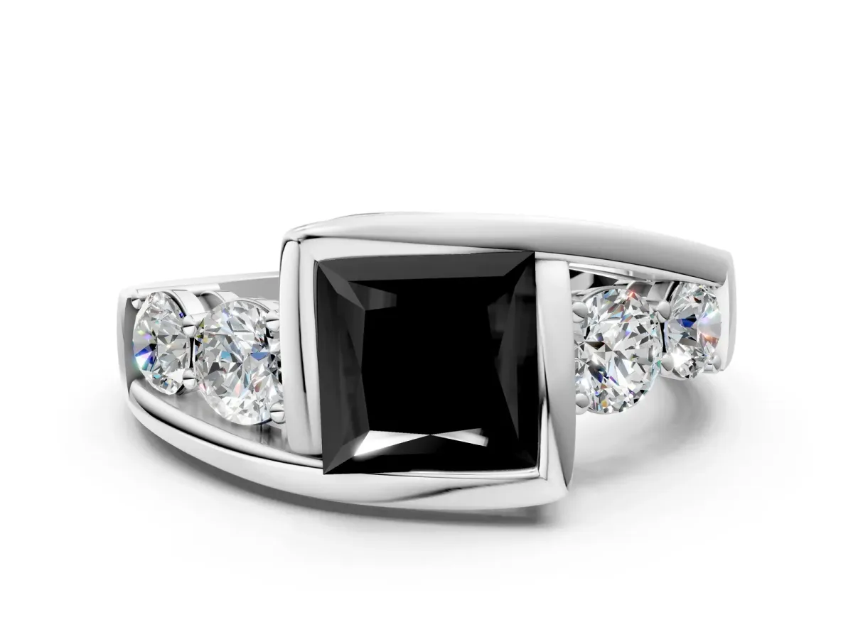Fancy Black Bezel Set Princess Cut Diamond Bypass Ring with Round Accents Platinum