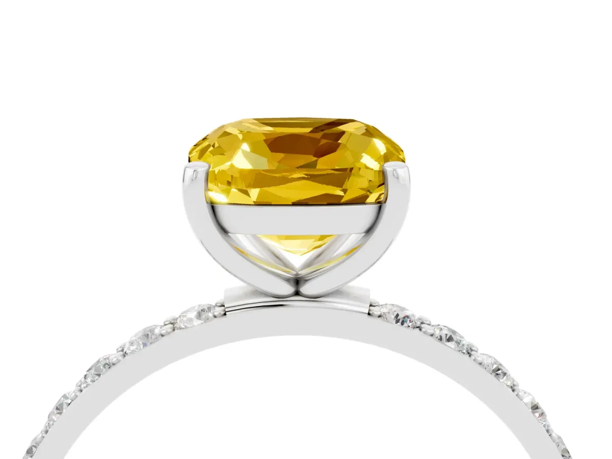 Cushion Cut Yellow Sapphire Solitaire Ring with Round Pavé Band and Prong Setting Silver