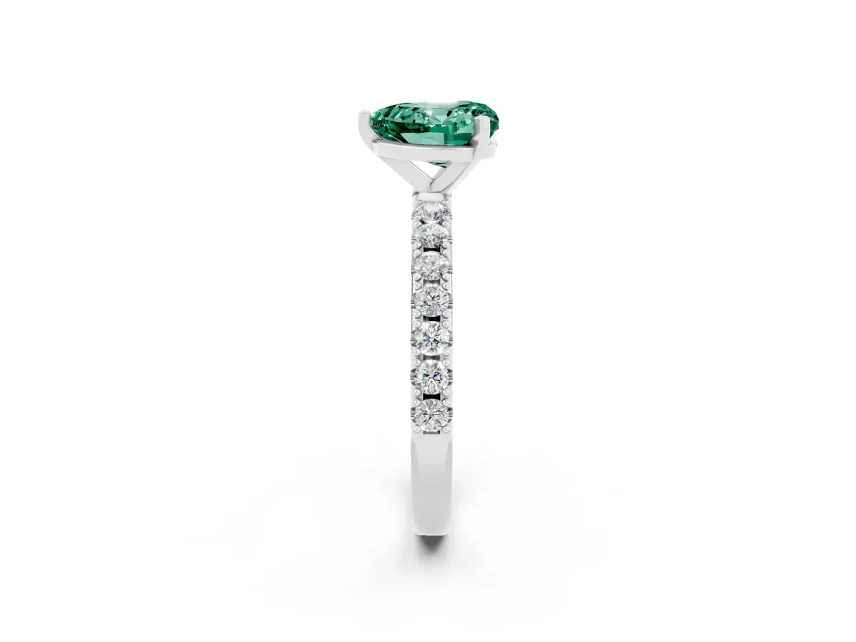 Heart Cut Green Sapphire Solitaire Pavé Band with Four-Prong Setting Silver