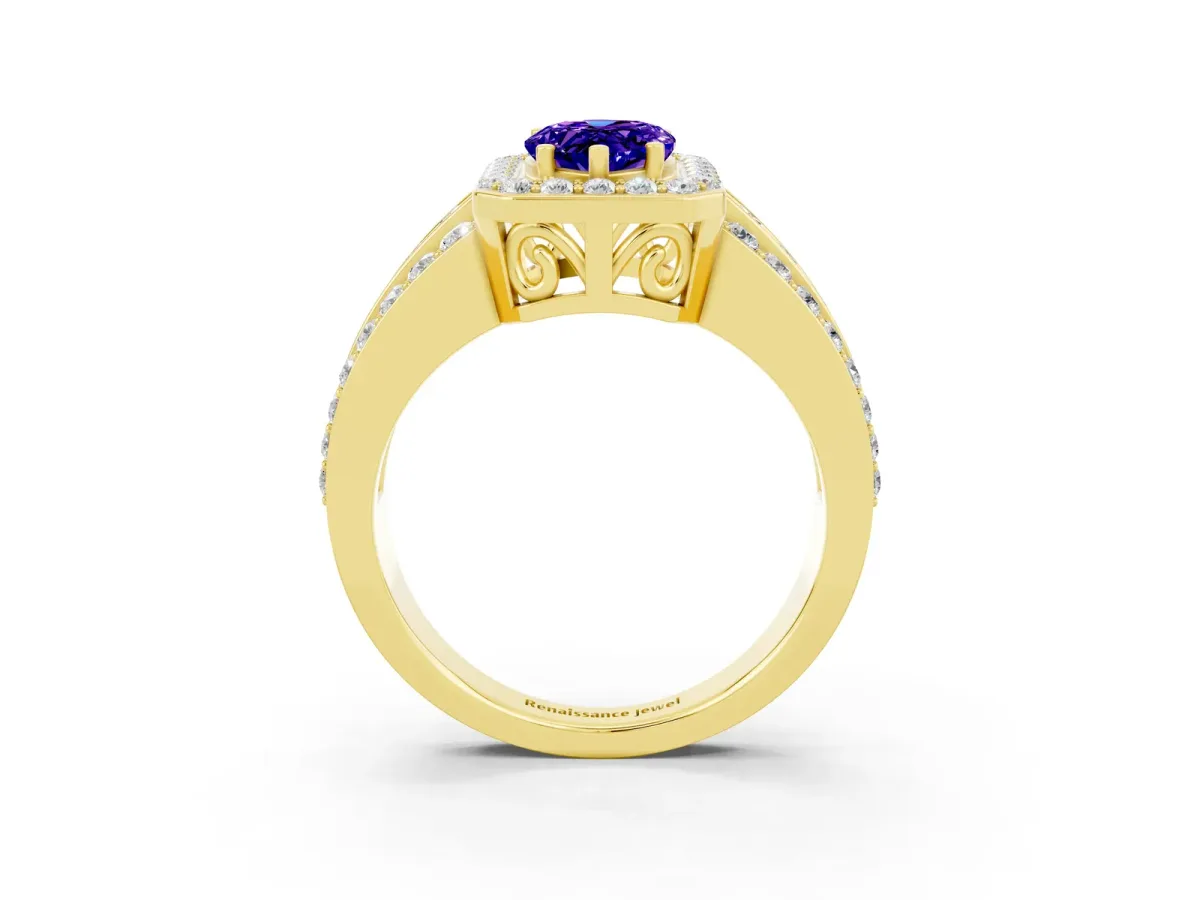 Pear Cut Halo Tanzanite Ring with Round Split Shank and Prong Setting Yellow gold