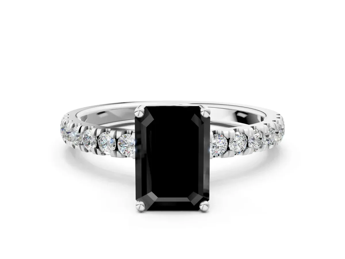 Fancy Black Emerald Cut Diamond Pave Band Solitaire Ring with Round and Prong Setting Platinum