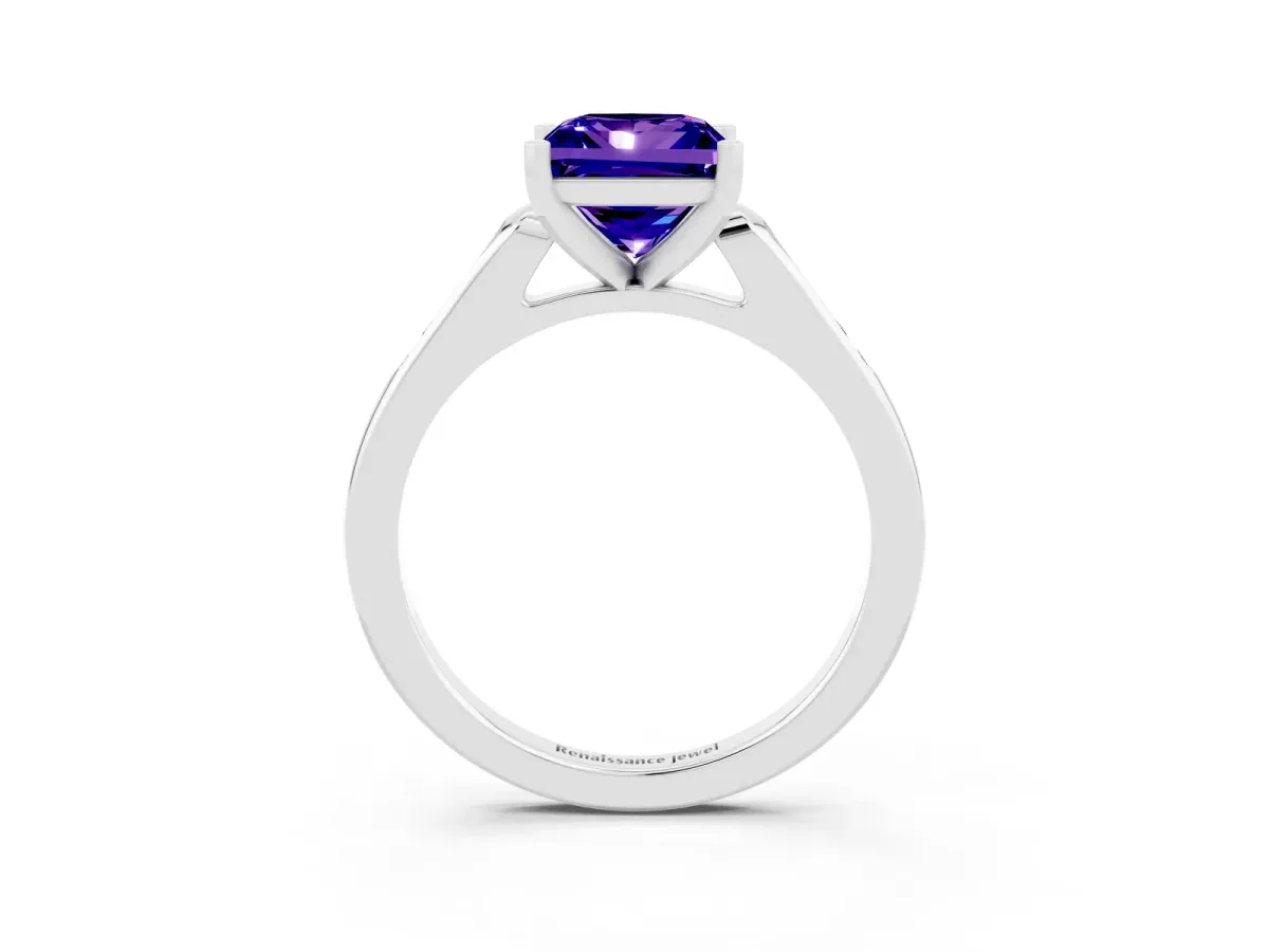 Princess Cut Tanzanite Solitaire Ring with Channel Set Round Band and Prong Setting Silver