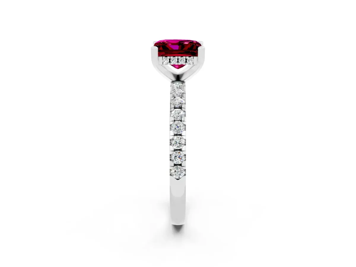 Princess Cut Garnet Solitaire Ring with Round Pavé Band and Four-Prong Setting Silver