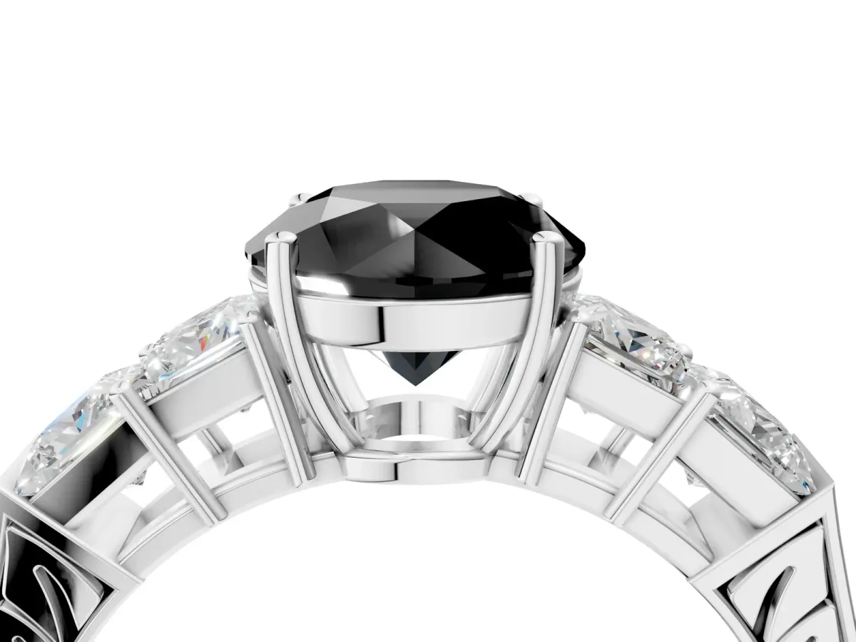 Fancy Black Round Cut Solitaire Princess Side Stone Engraved Band Prong Setting Ring White gold