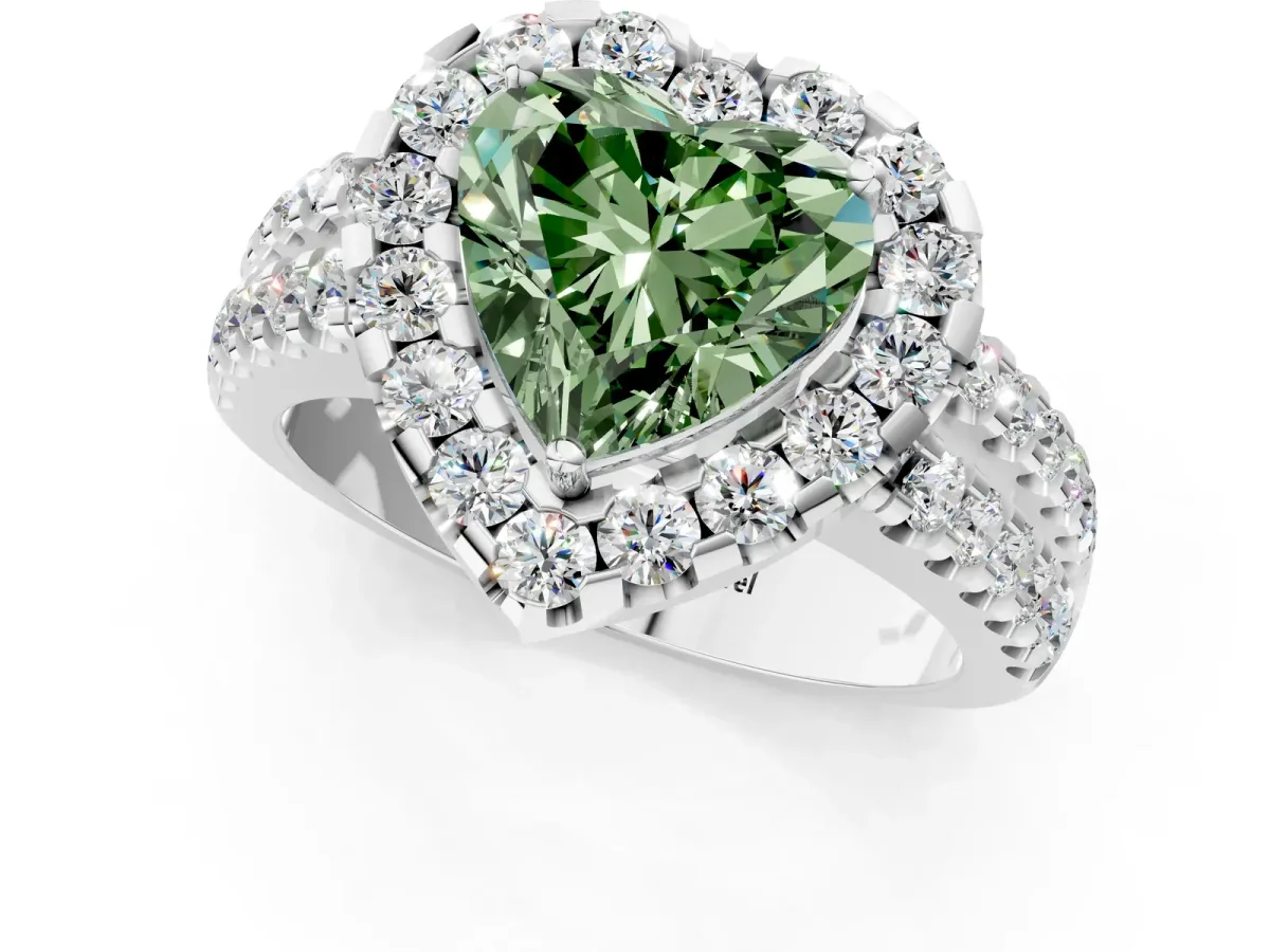 Fancy Green Heart Cut Halo Diamond Split Shank Engagement Ring with Prong Setting Platinum