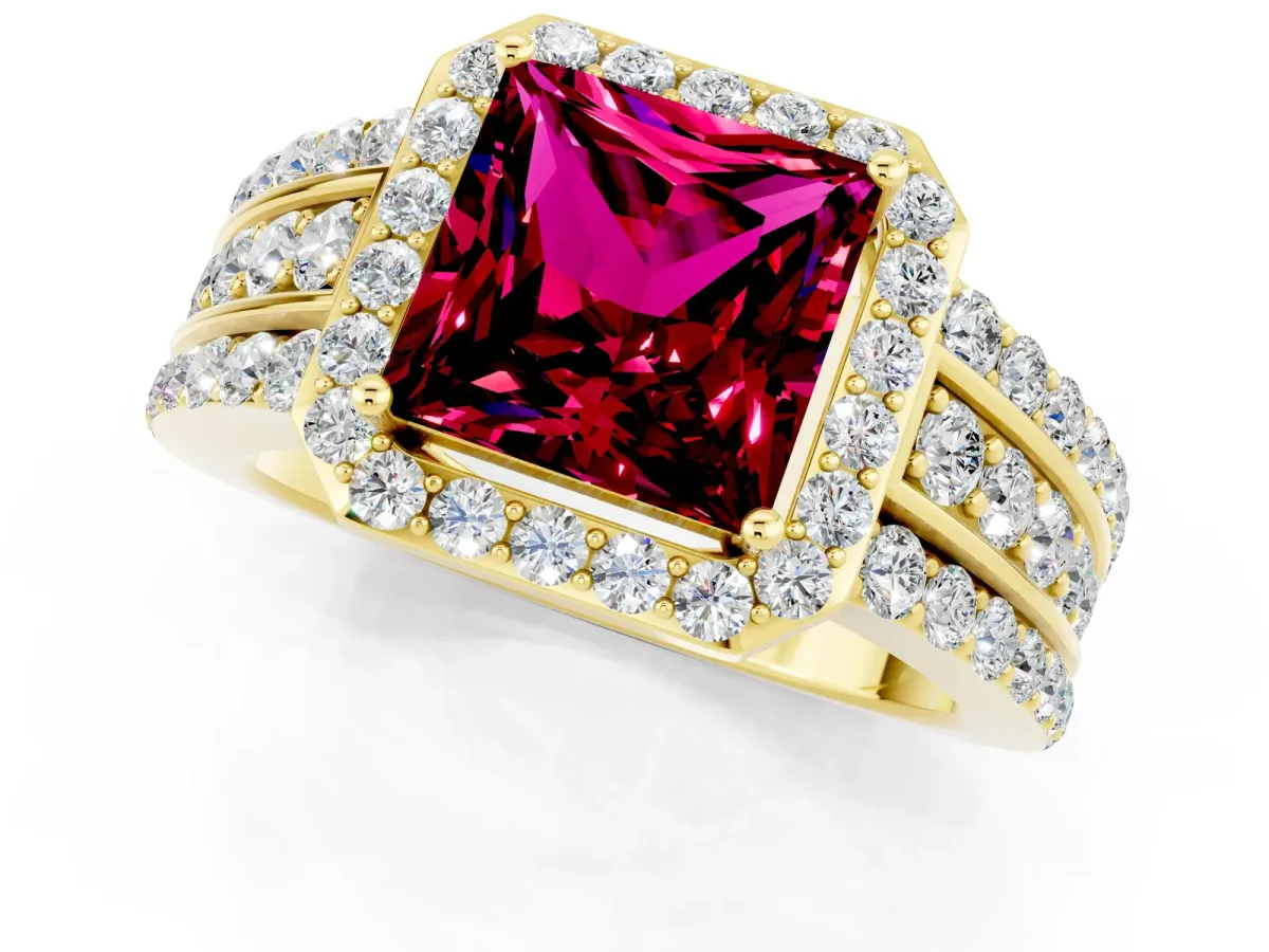 Princess Cut Halo Garnet Ring with Round Split Shank and Prong Setting Yellow gold