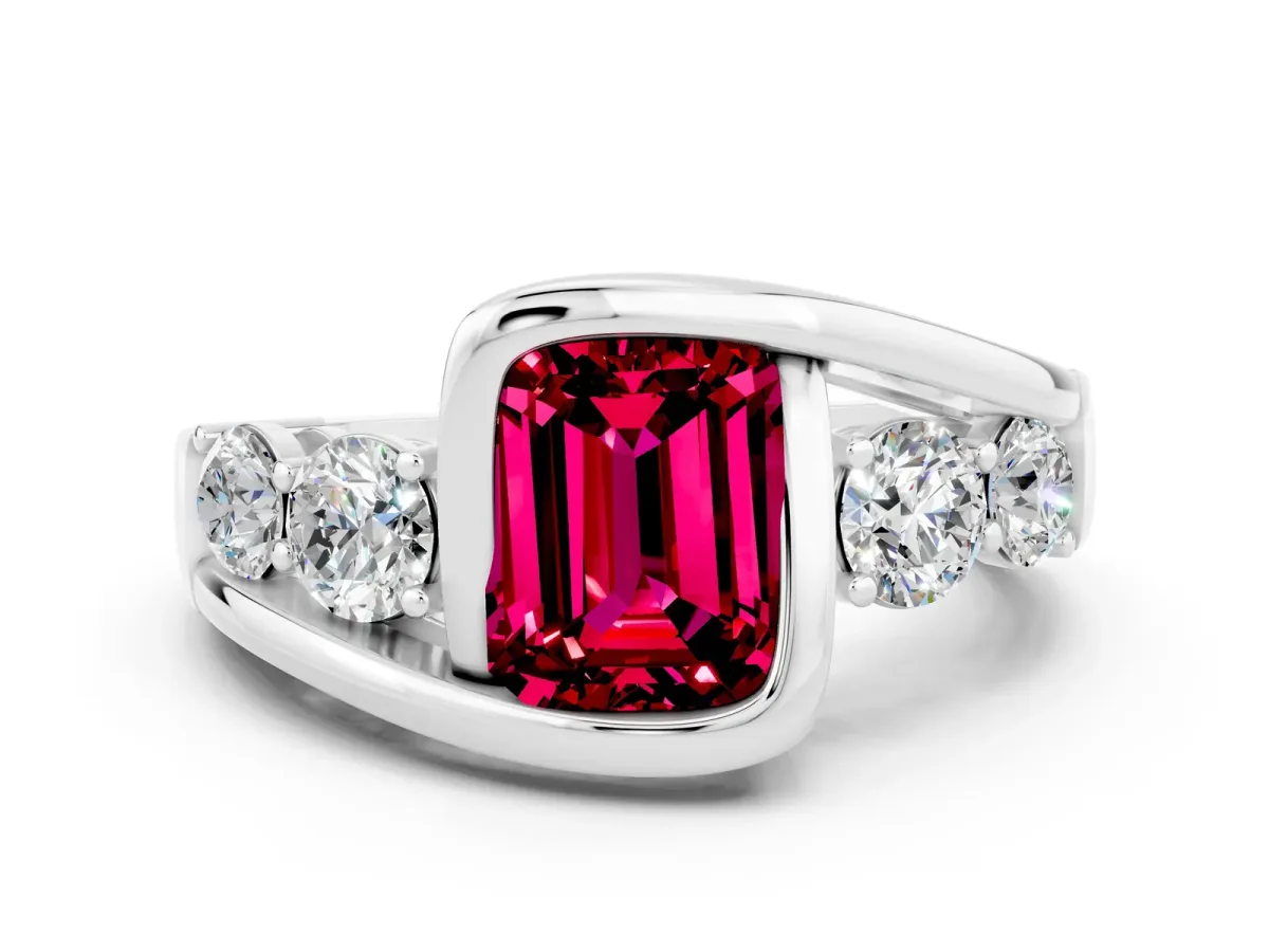 Bezel Set Emerald Cut Garnet Bypass Ring with Round Accents Silver