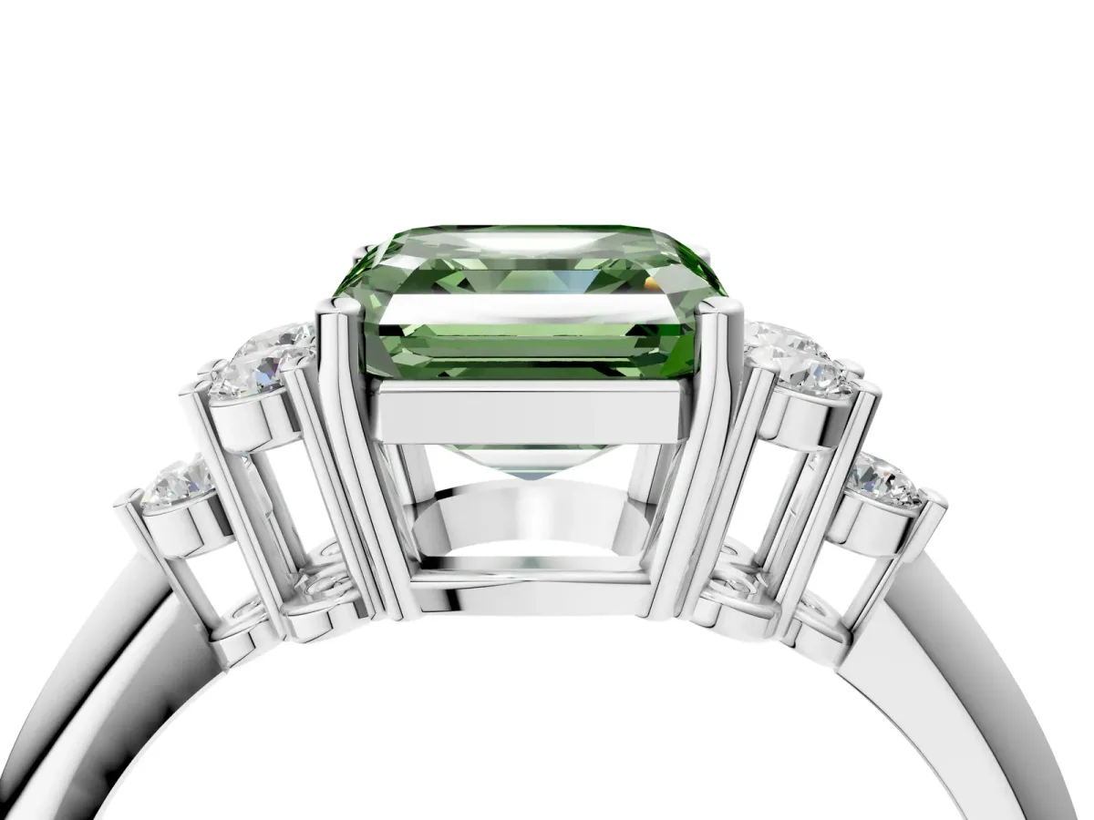 Fancy Green Asscher Cut Cut Diamond Cluster Ring with Solitaire Band and Four-Prong Setting Platinum
