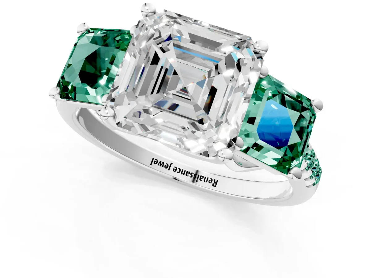 Three-Stone Asscher Cut Diamond Ring with Round Green Sapphire Pavé Band and Prong Setting Silver