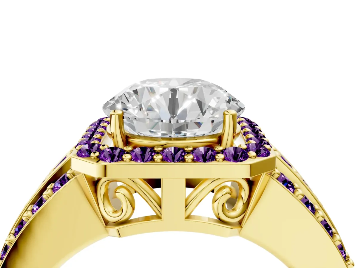 Round Cut Halo Diamond Ring with Round Amethyst Split Shank and Prong Setting Yellow gold