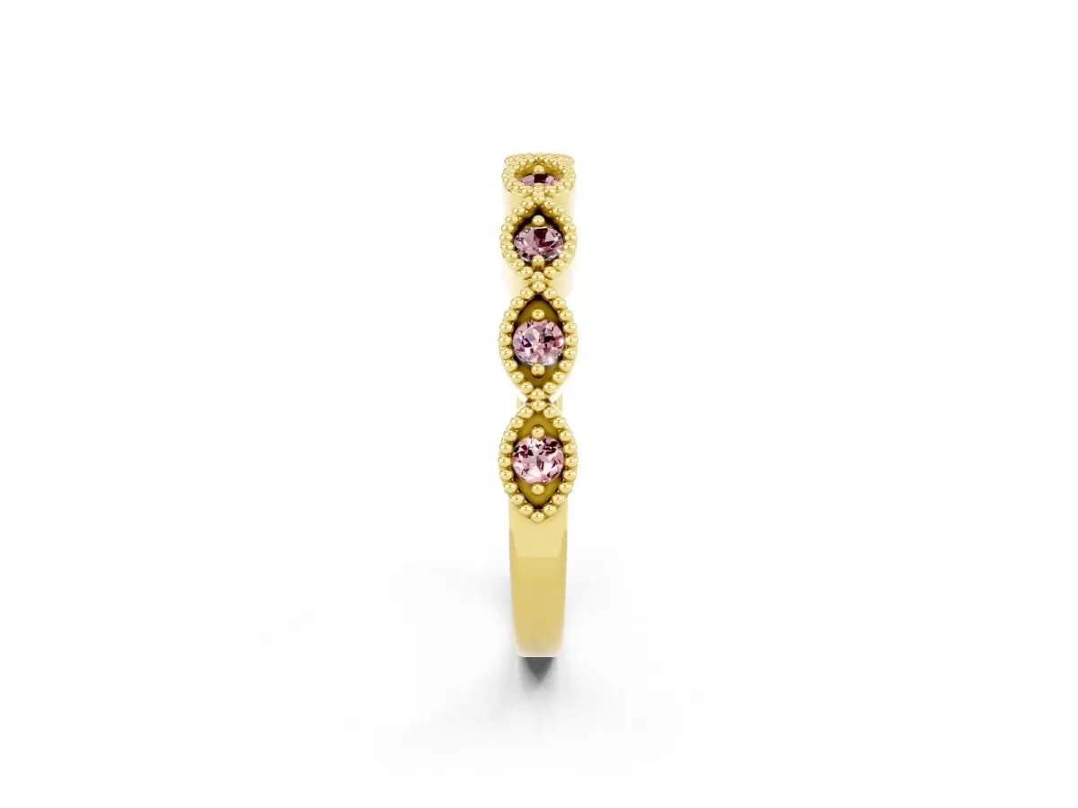 Milgrain Marquise Morganite Half Eternity Band with Bezel Setting Yellow gold