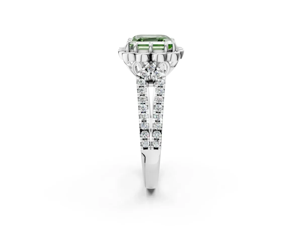 Fancy Green Asscher Cut Halo Diamond Floral Split Shank Engagement Ring Platinum
