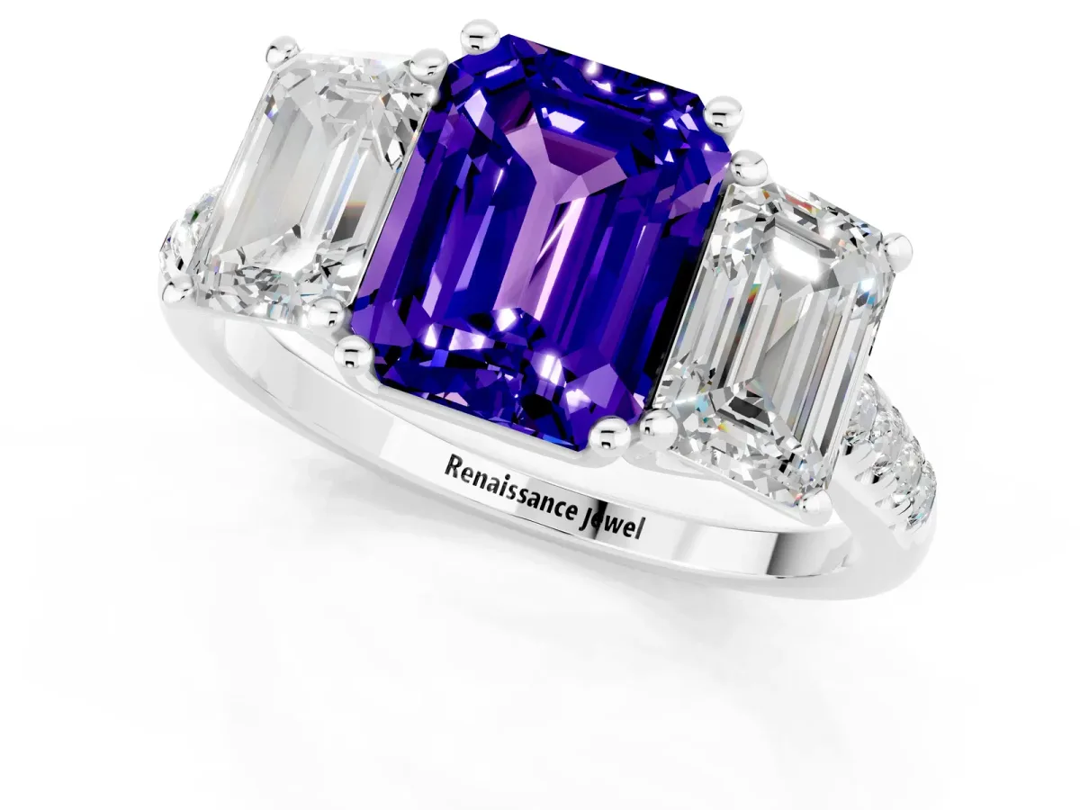 Three-Stone Emerald Cut Tanzanite Ring with Round Pavé Band and Prong Setting White gold