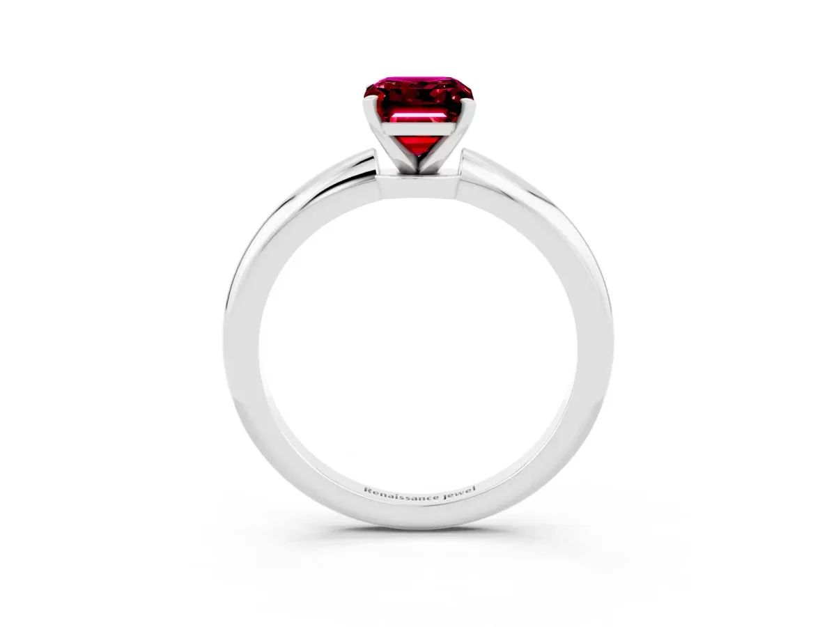 Emerald Cut Garnet Solitaire Ring with Six-Prong Setting and Classic Band White gold