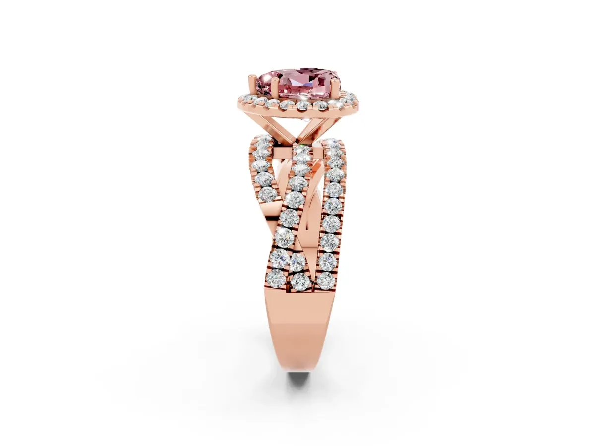 Heart Cut Morganite Halo Ring with Round Split Shank and Prong Setting Rose gold