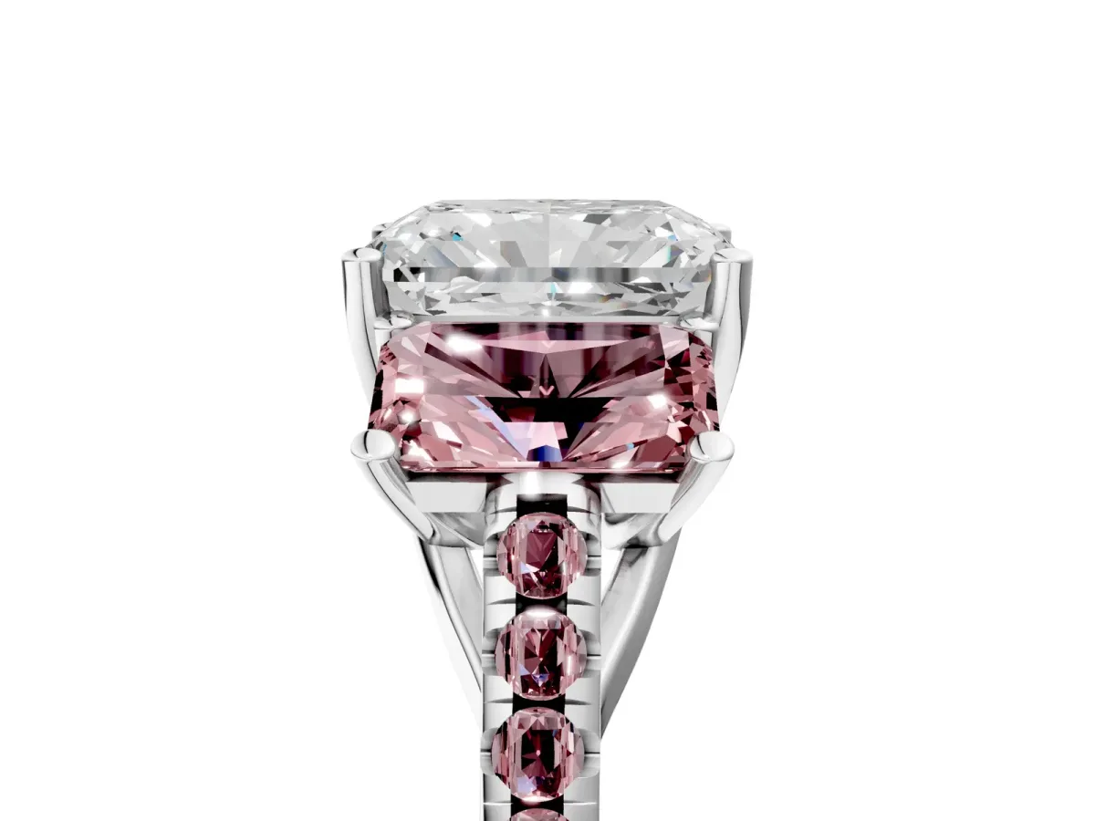 Three-Stone Radiant Cut Diamond Ring with Round Morganite Pavé Band and Prong Setting Silver