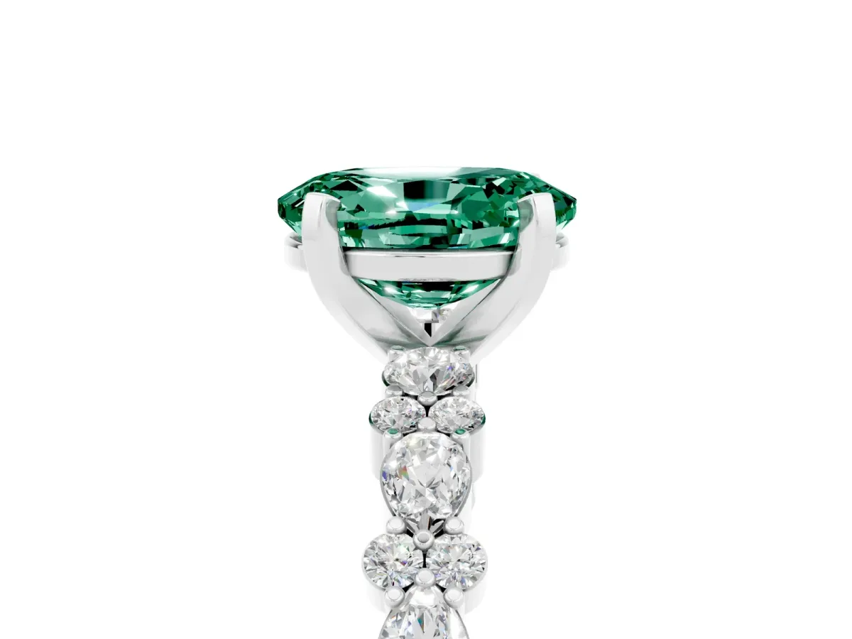 Oval Cut Green Sapphire Side Stone Solitaire Ring with Round and Four-Prong Setting White gold
