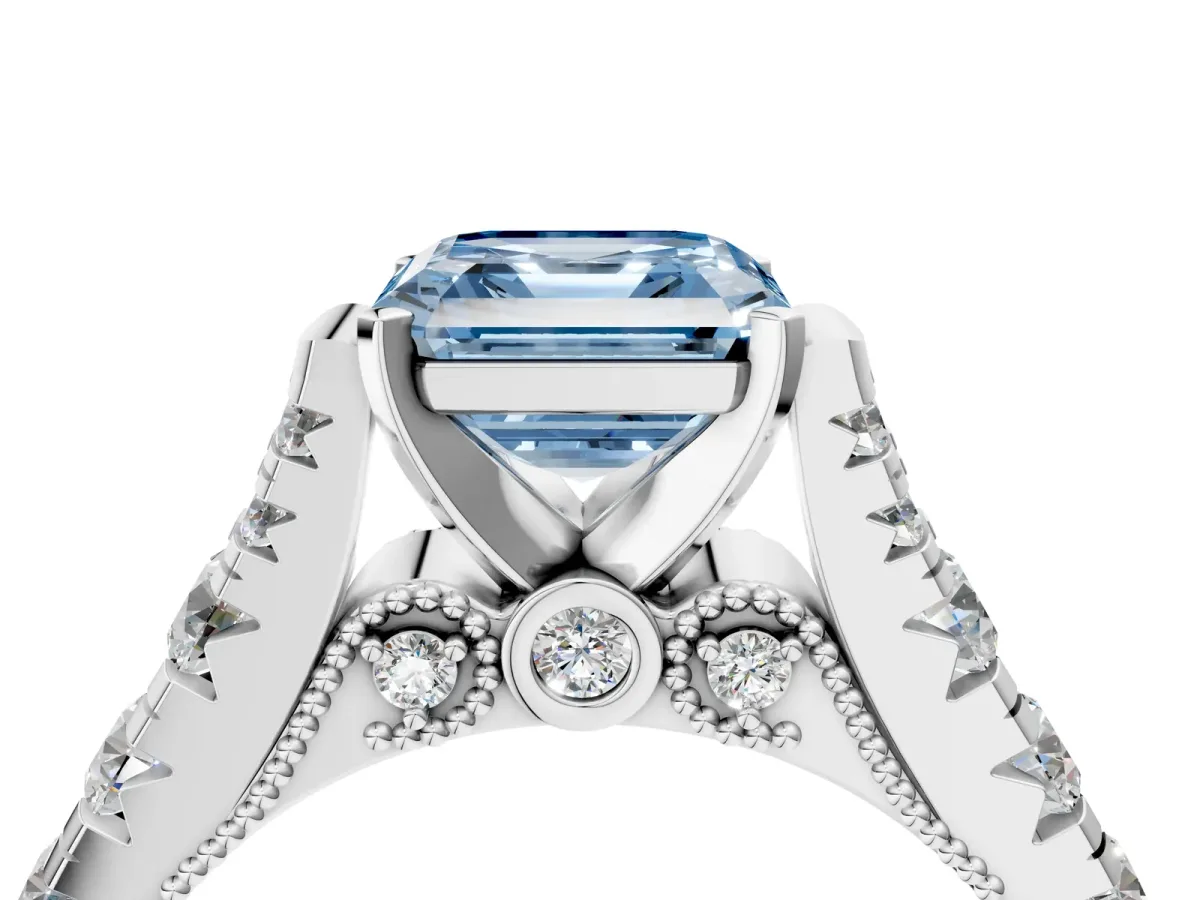 Fancy Blue Asscher Cut Diamond Classic Solitaire Ring with Pavé Band and Four-Prong Setting Platinum