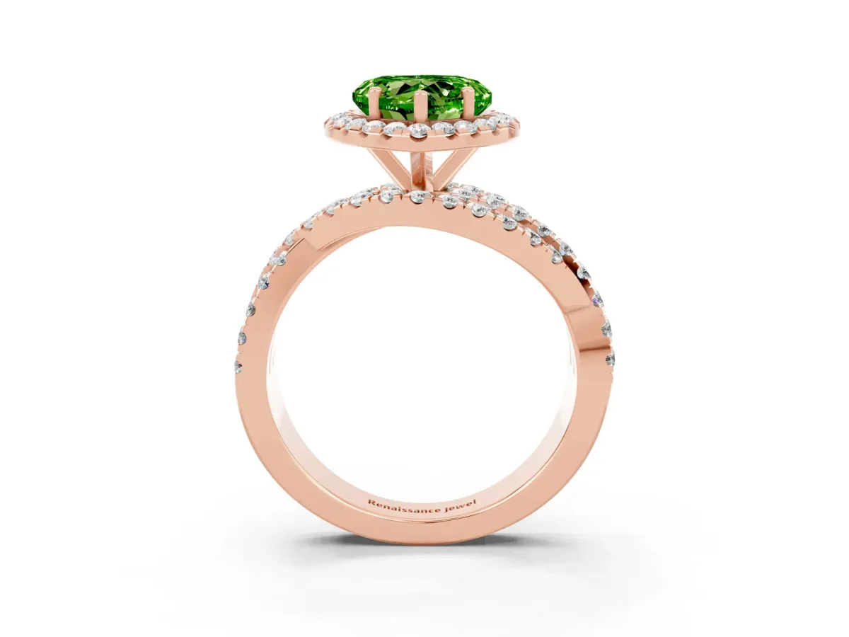 Heart Cut Peridot Halo Ring with Round Split Shank and Prong Setting Rose gold