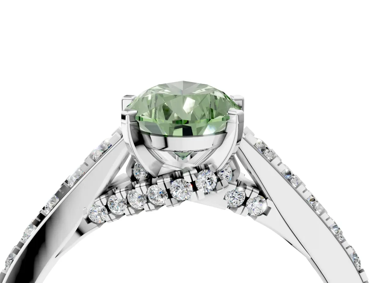 Fancy Green Pear Cut Diamond Solitaire Ring with Crossover Gallery and Round Pavé Band Silver
