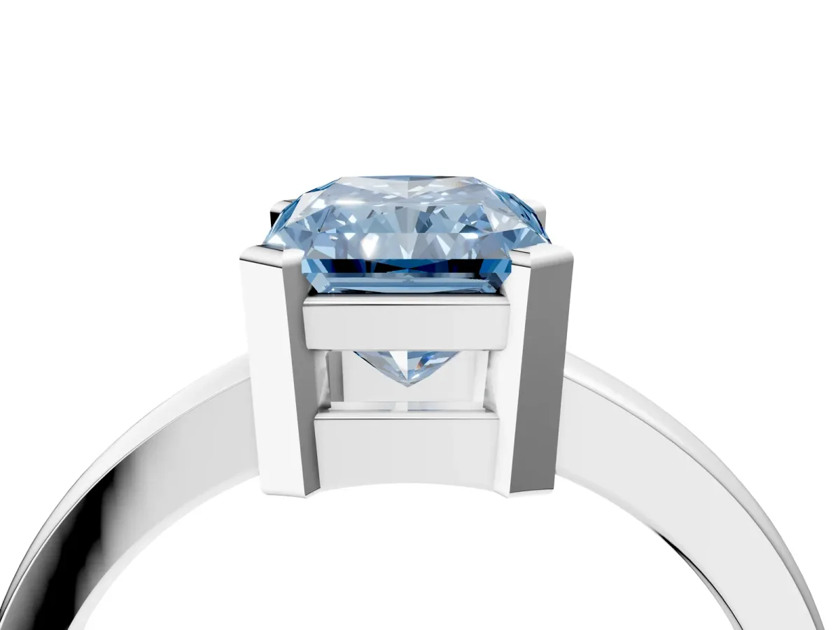 Fancy Blue Radiant Cut Cut Solitaire Ring with Four-Prong Setting and Classic Band Platinum