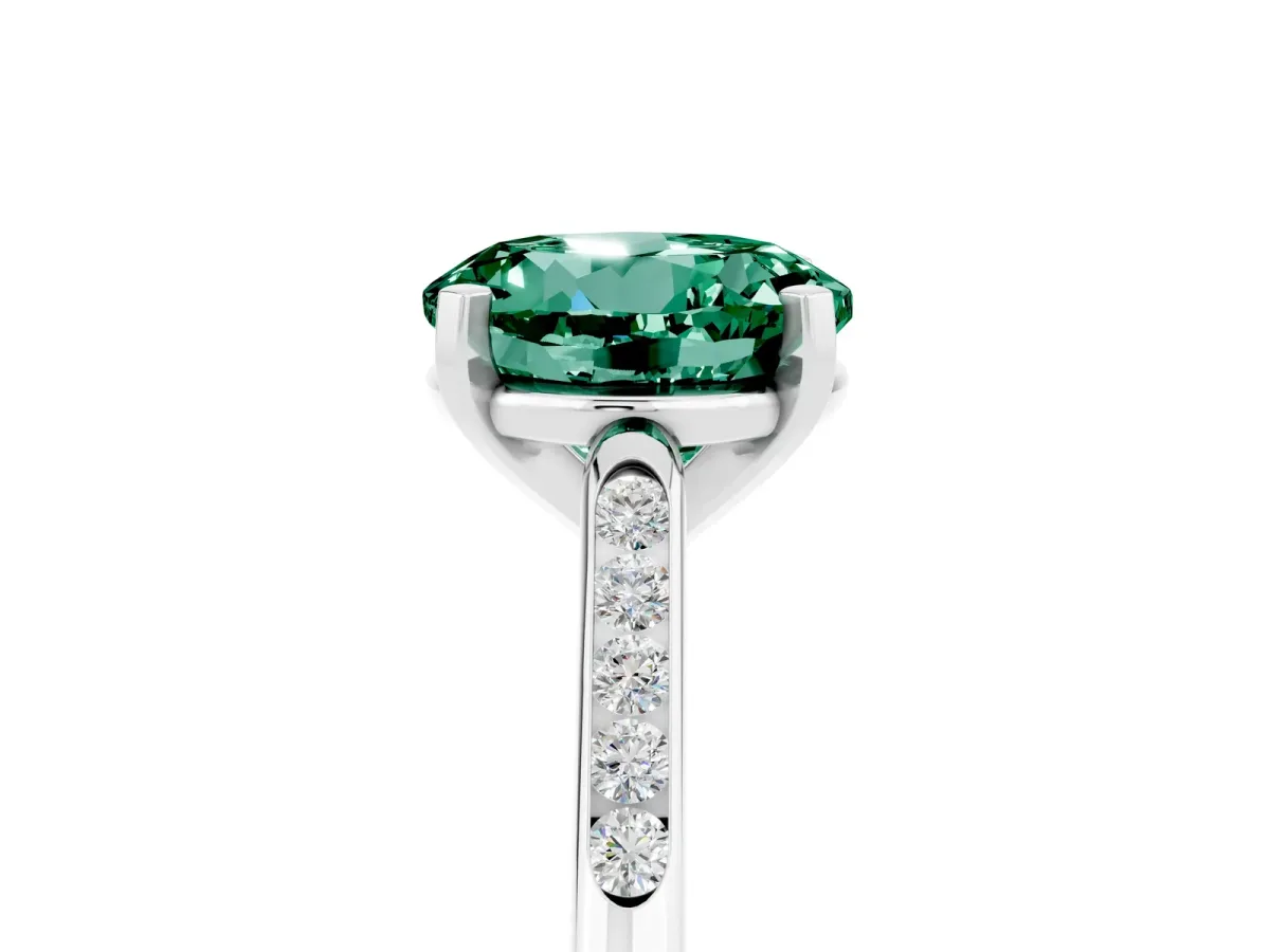 Round Cut Green Sapphire Solitaire Ring with Channel Set Round Band and Prong Setting Silver