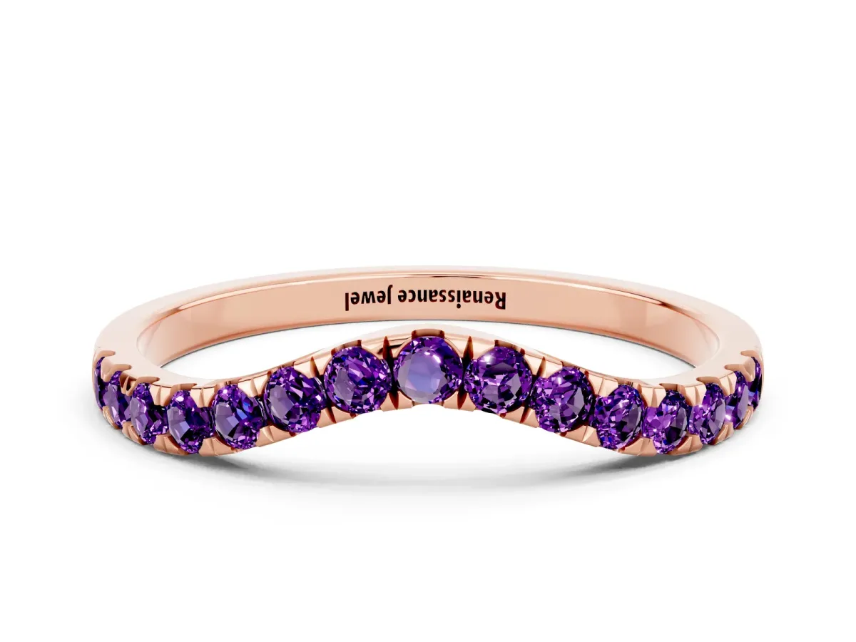 Curved Pavé Round Amethyst Wedding Band with Shared Prong Setting Rose gold