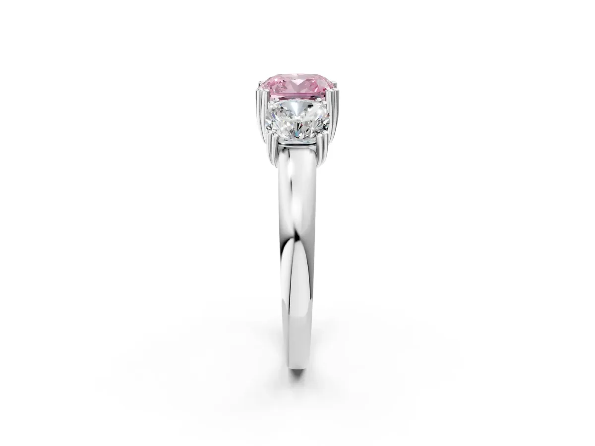 Fancy Pink Three-Stone Cushion Cut Cut Diamond Ring with Channel Set Band and Four-Prong Setting Silver