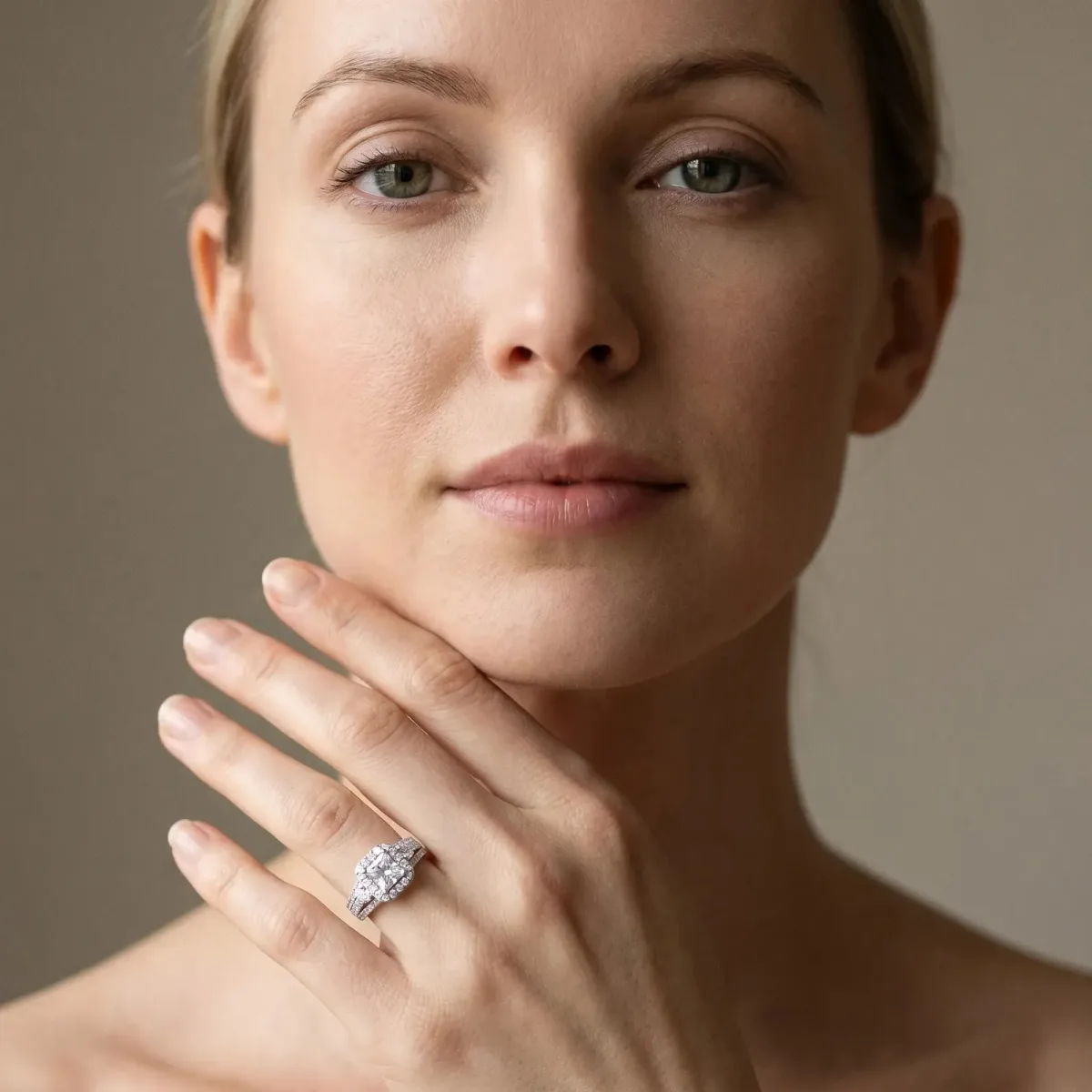 Halo Princess Cut Cut Split Shank Diamond Ring with Four-Prong Setting Platinum