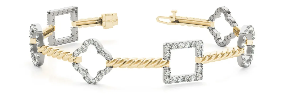 Square and Clover Diamond Pave Twisted Cable Bracelet Yellow gold