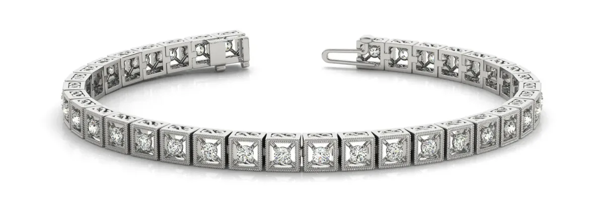 Milgrain Square Link Bracelet with Round Cut Diamonds in Bezel Setting White gold