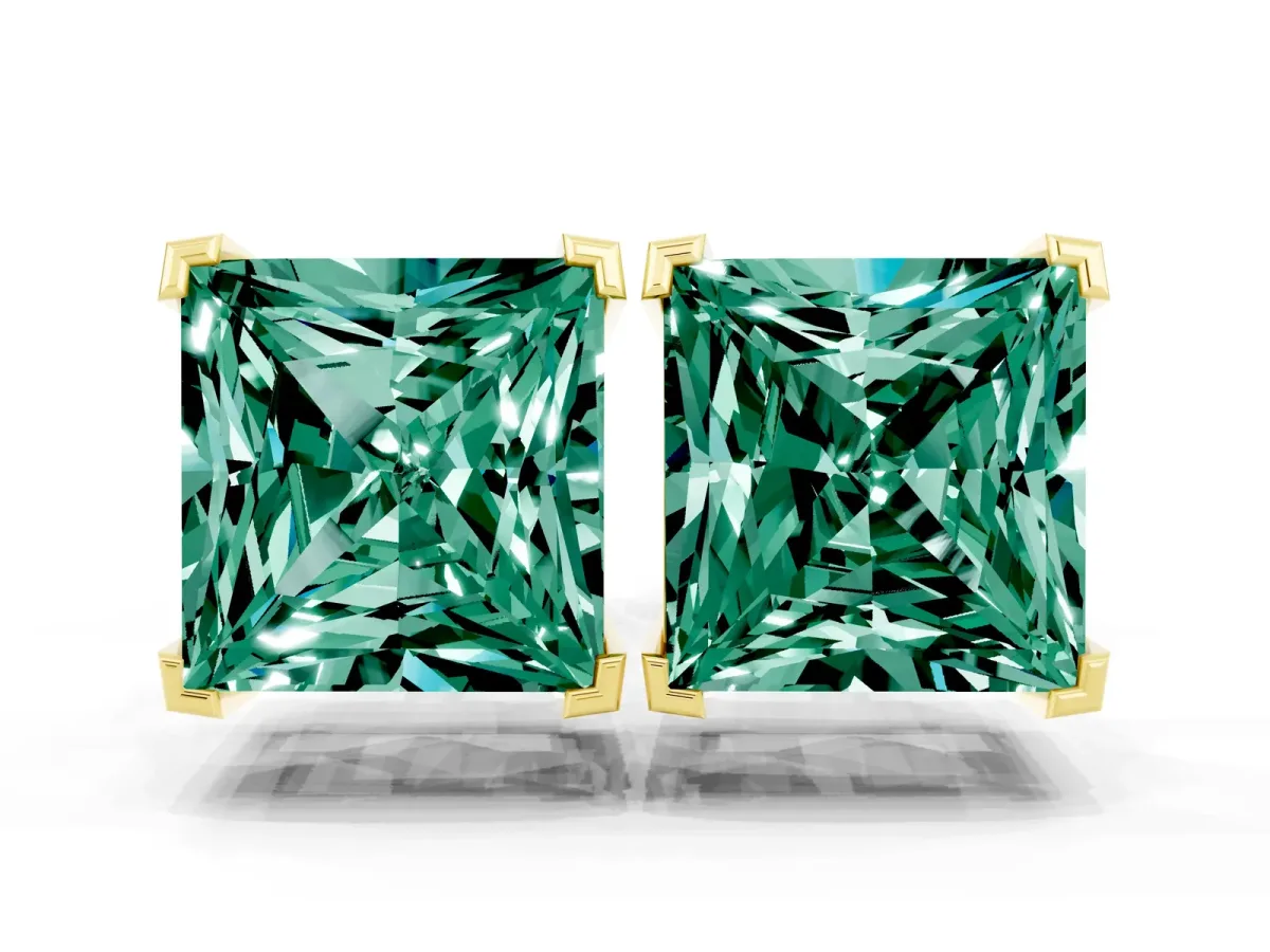 Princess Cut Green Sapphire Stud Earrings Yellow gold