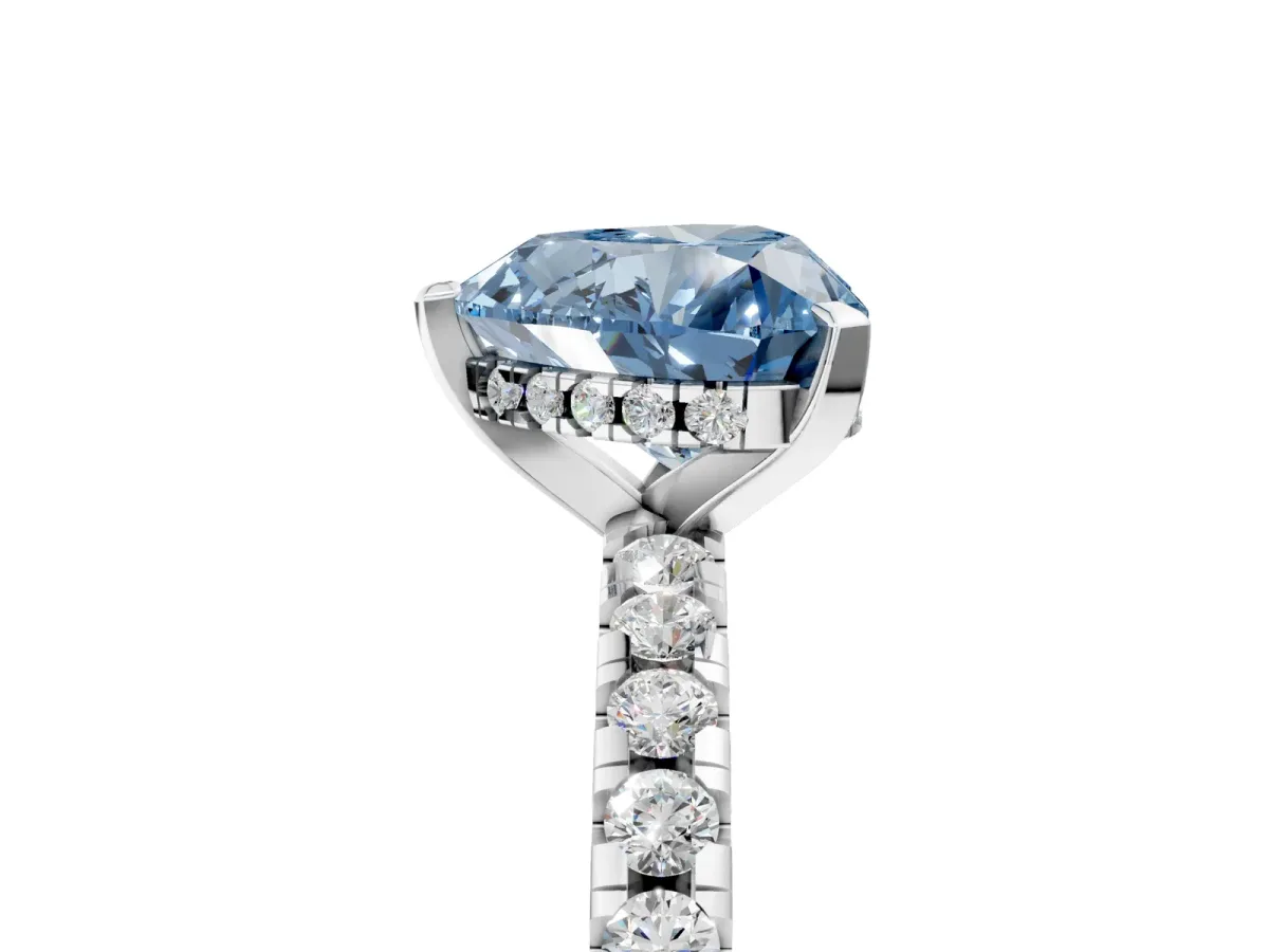 Fancy Blue Heart Cut Diamond Solitaire Ring with Round Pavé Band and Four-Prong Setting Silver