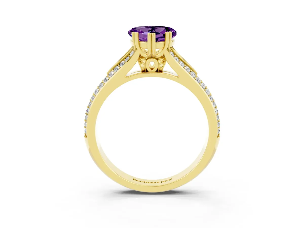 Heart Cut Amethyst Split Shank Engagement Ring with Pavé Band Yellow gold