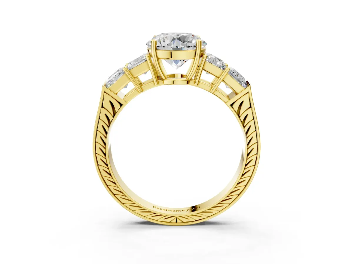 Round Cut Solitaire Princess Side Stone Engraved Band Prong Setting Ring Yellow gold