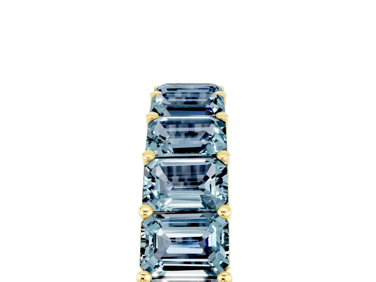 Emerald Cut Aquamarine Eternity Band with Shared Prong Setting Yellow gold