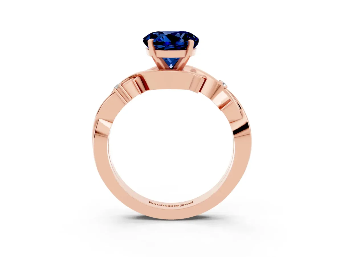 Round Cut Blue Sapphire Solitaire Ring with Twisted Band and Prong Setting Rose gold