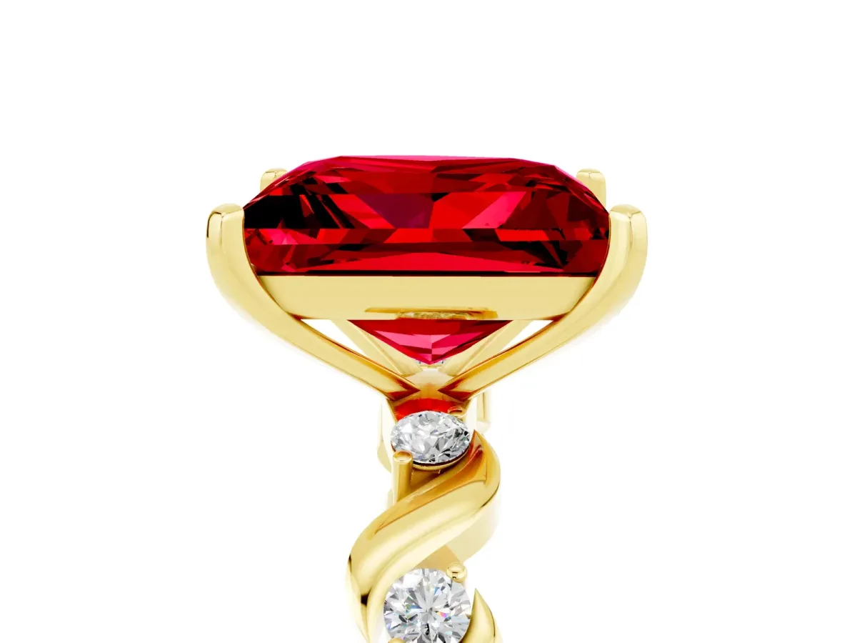 Princess Cut Ruby Solitaire Twisted Band with Round Accents and Prong Setting Yellow gold