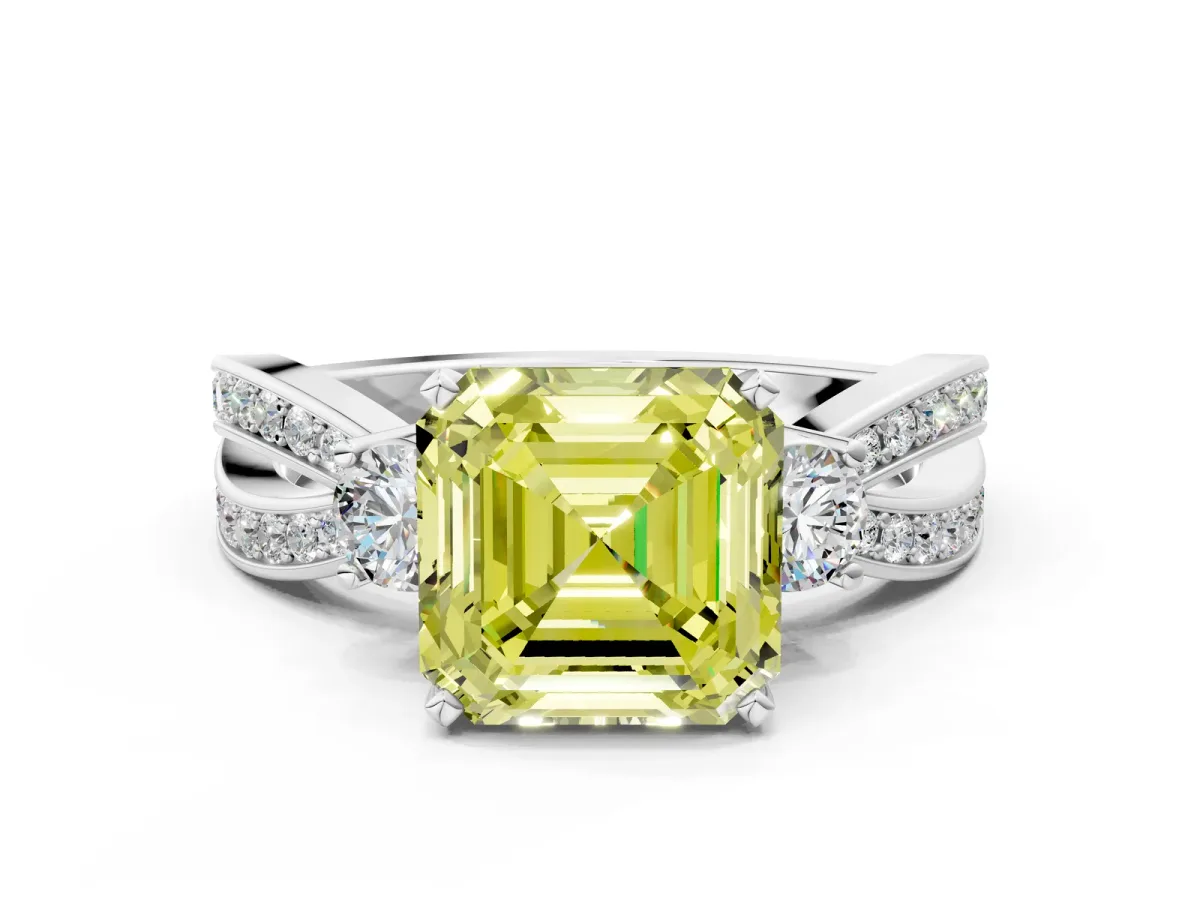 Fancy Yellow Three-Stone Asscher Cut Cut Diamond Twist Band with Prong Setting Platinum