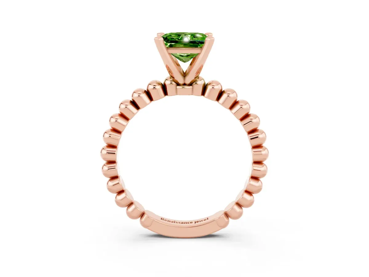 Princess Cut Peridot Solitaire Ring with Beaded Band and Prong Setting Rose gold