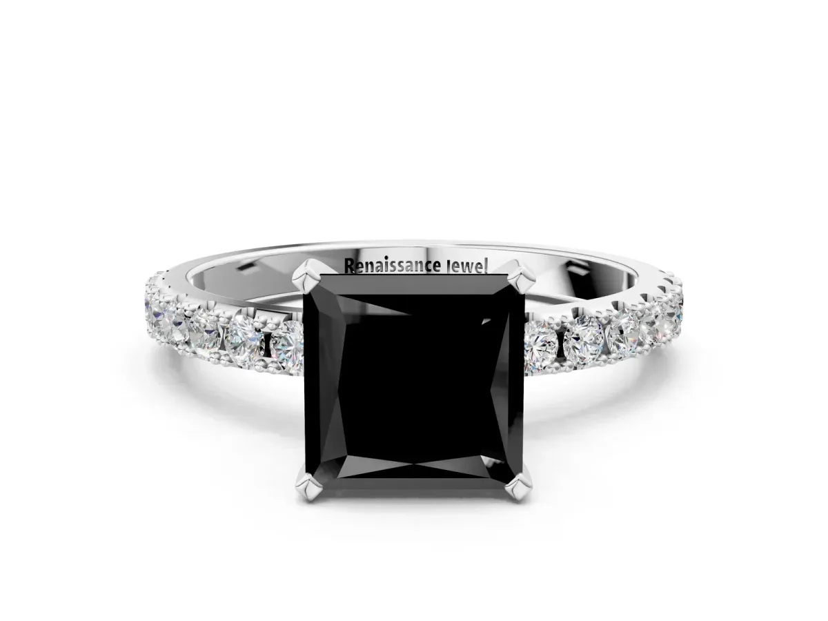 Fancy Black Princess Cut Diamond Solitaire Pavé Band with Four-Prong Setting Silver