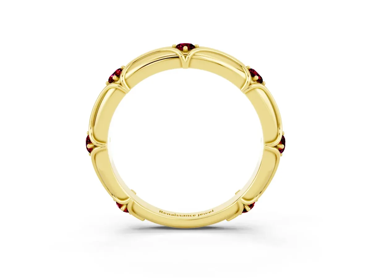 Round Garnet Prong Set Milgrain Eternity Band Yellow gold